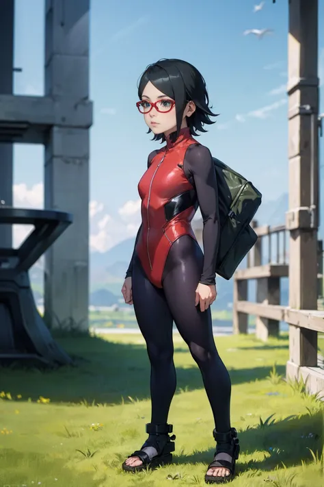 (sarada uchiha,short hair,black hair,glasses),full body picture unreal engine 5 8k uhd of beautiful girl, green japanese style l...