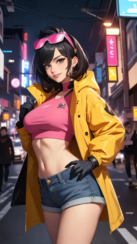 (Highly quality, masterpiece, detailed), night city detailed scenario, night city detailed background, solo, jubilee, black hair...