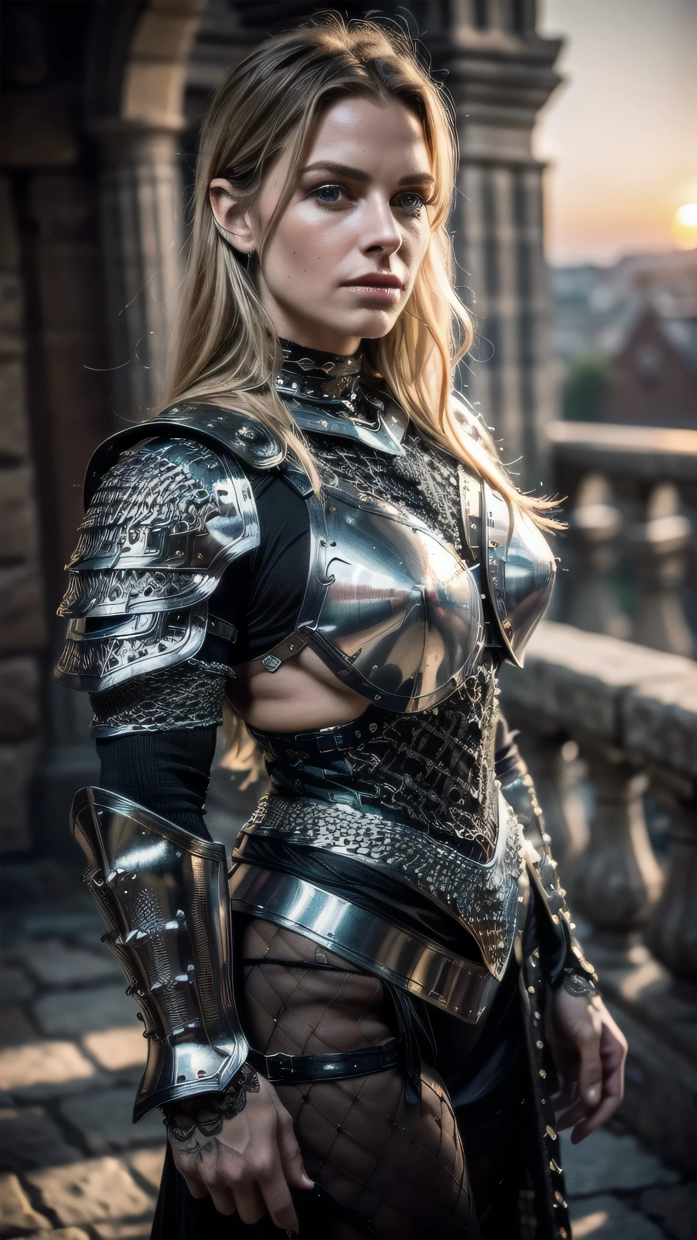 (masterpiece), (extremely intricate:1.3), (realistic), portrait of a muscular bodybuilder girl, ((((medieval armor:1.6 black gold filigree breastplate, perfectchainmail)), wind blown blowing [blonde hair:dark hair:0.6], [flat chest:large breasts:0.6], from below), tattoo:1.0), metal reflections, upper body, outdoors, intense sunlight, far away castle, professional photograph of a stunning woman detailed, (short undercut dark shaved hair, dynamic pose), sharp focus, dramatic, award winning, cinematic lighting, volumetrics dtx, (film grain, blurry background, blurry foreground, bokeh, depth of field, sunset, interaction, blackiron Perfectchainmail ribbons), 8K