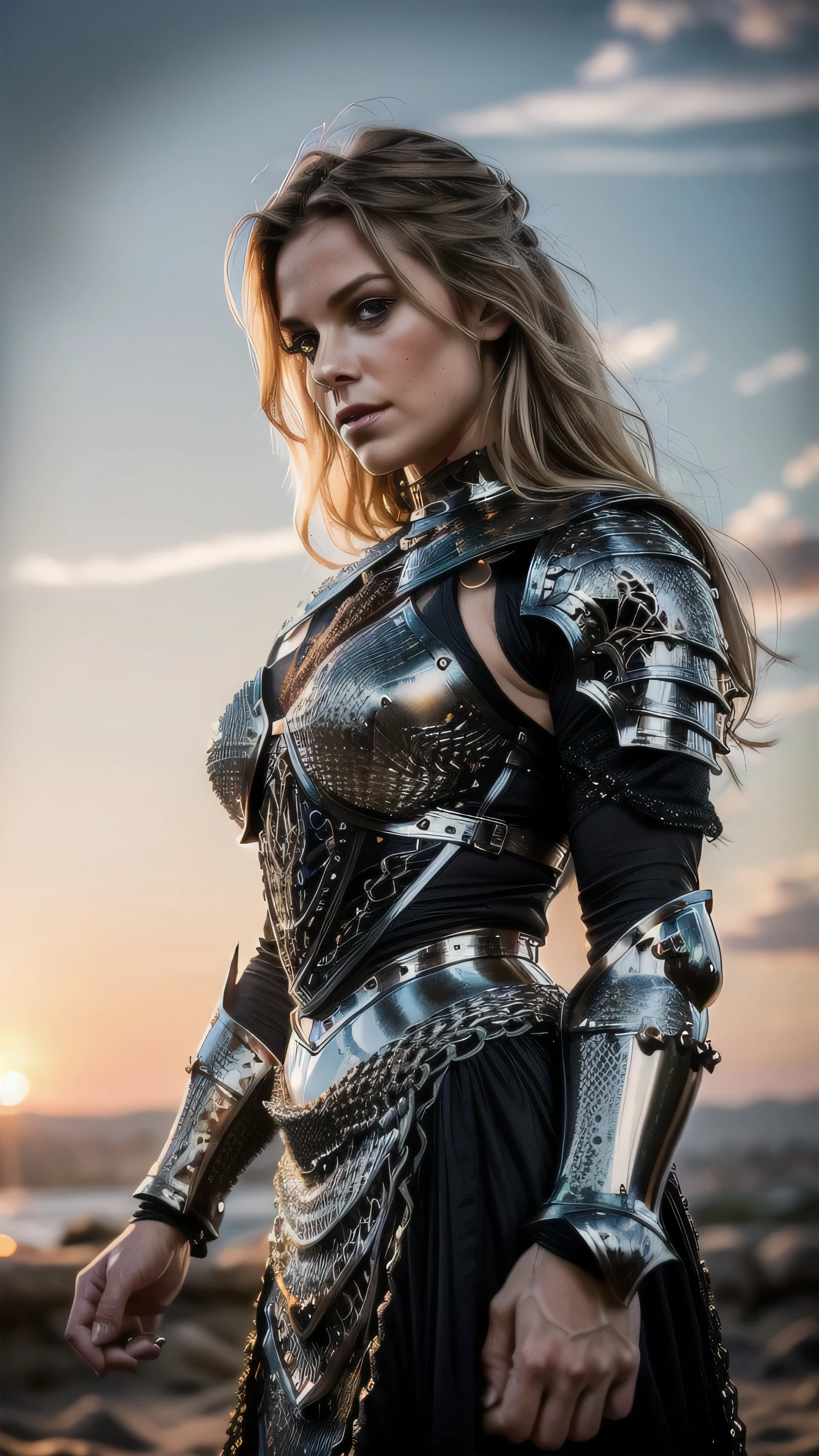 (masterpiece), (extremely intricate:1.3), (realistic), portrait of a muscular bodybuilder girl, ((((medieval armor:1.6 black gold filigree breastplate, perfectchainmail)), wind blown blowing [blonde hair:dark hair:0.6], [flat chest:large breasts:0.6], from below), tattoo:1.0), metal reflections, upper body, outdoors, intense sunlight, far away castle, professional photograph of a stunning woman detailed, (short undercut dark shaved hair, dynamic pose), sharp focus, dramatic, award winning, cinematic lighting, volumetrics dtx, (film grain, blurry background, blurry foreground, bokeh, depth of field, sunset, interaction, blackiron Perfectchainmail ribbons), 8K