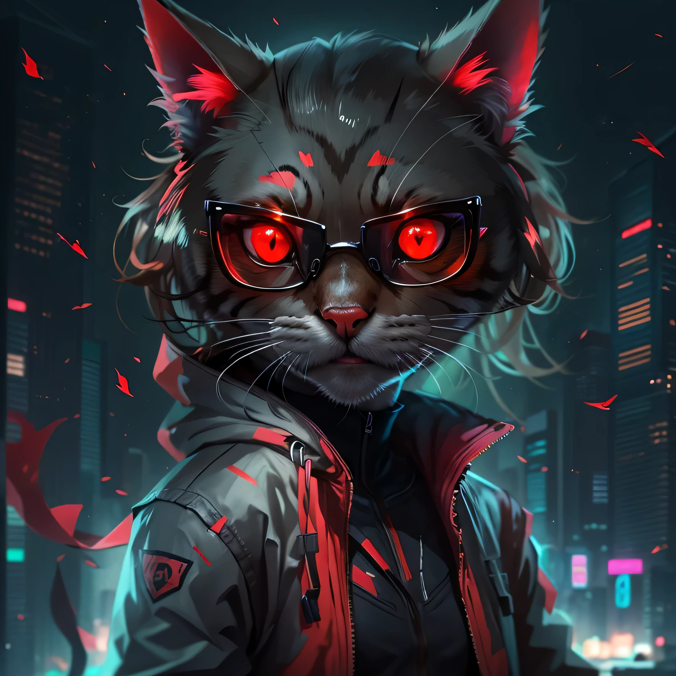 赤いジャケットとメガネをかけた猫がいる., サイバーパンク猫, 赤い目, 赤い目, 赤い目, サイボーグ猫, 赤く光る目, 赤い目, 猫のような真っ赤な目, アサシンキャット, bright 赤い目, 悪魔の猫, fully 赤い目, サイバーキャット, with 赤く光る目, glowing 赤い目, 赤い目