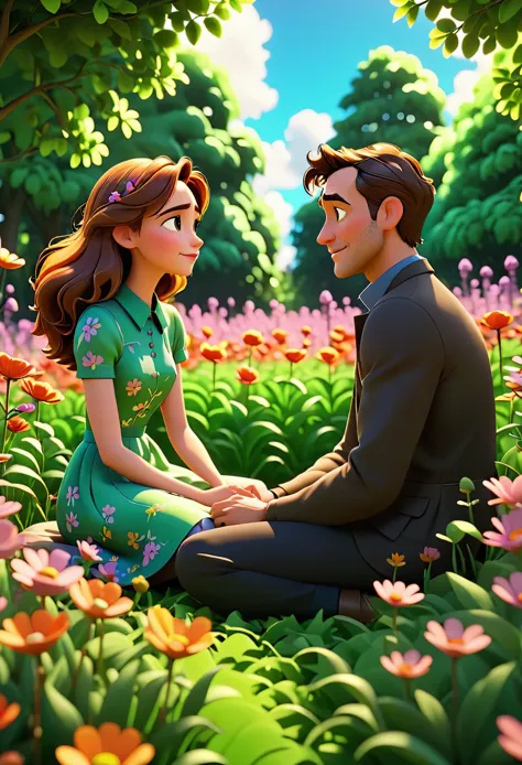 Man with a woman sitting facing each other in a flower field full of leafy trees, animation character, Stylized character, anima...