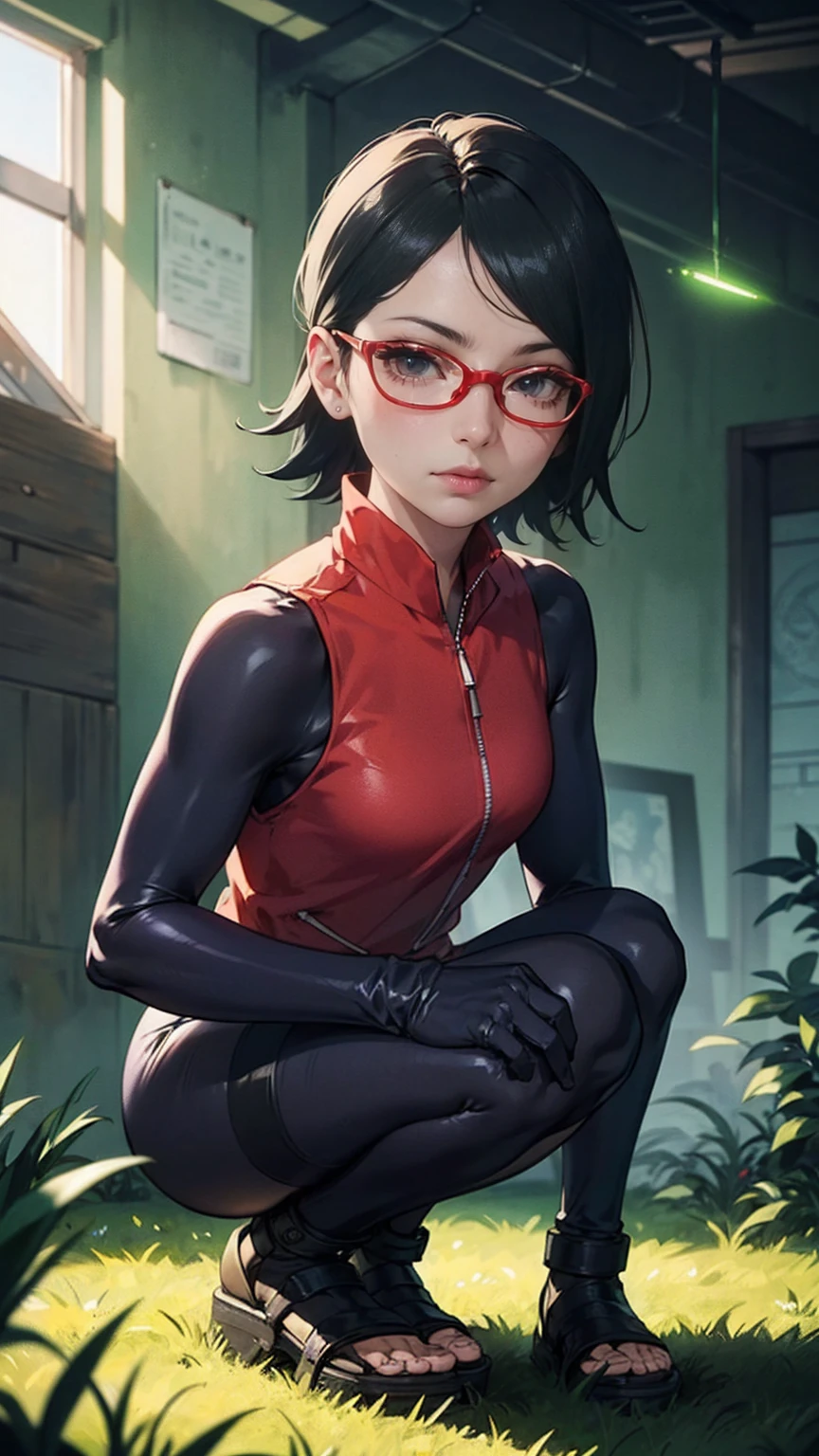 (Sarada Uchiha,short hair,black hair,glasses),full body picture Unreal Engine 5 8K UHD of beautiful girl, green Japanese style long hair, ((wearing futuristic black tight battle suit)), half face mask, (futuristic neck collar), grass green light details, best quality, masterpiece