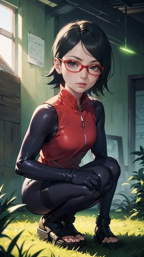 (sarada uchiha,short hair,black hair,glasses),full body picture unreal engine 5 8k uhd of beautiful girl, green japanese style l...