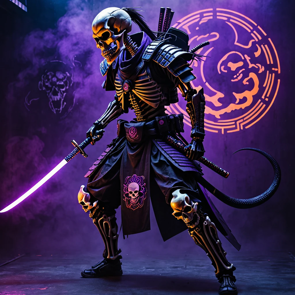 The fullbody in action of cyberpunk skull samurai, surrounded by a black cobra in the style of ethereal photography, single lighting, grunge background, orange and purple smooke, skeleton, Dark aesthetic, detailing aesthetic, hyper realistic, cinematic, Photography. Dark aesthetic