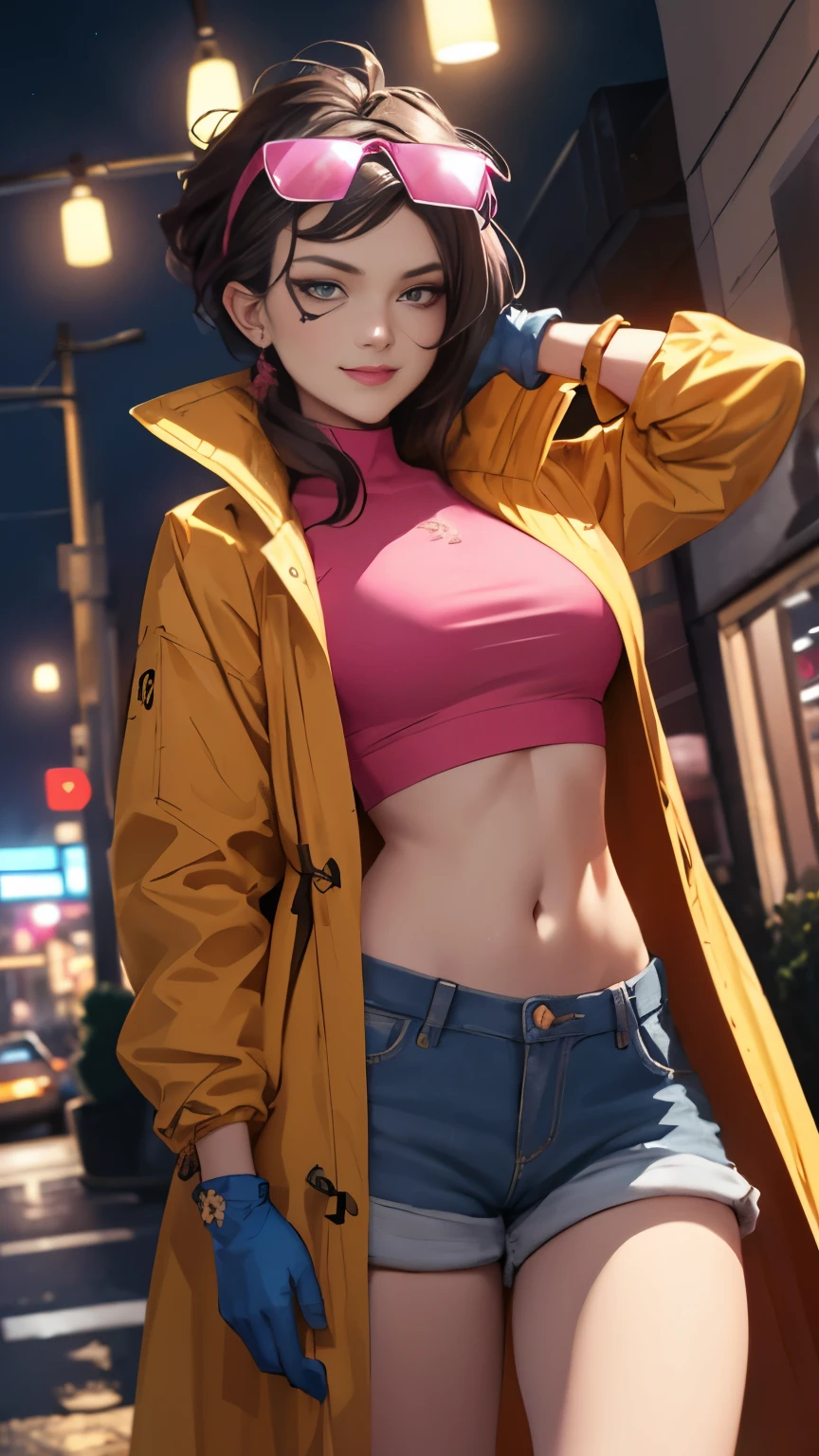 (hohe Qualität, Meisterwerk, ausführlich), night city ausführlich scenario, night city ausführlich background, Allein, Jubiläum, rosa Crop Top, Regenjacke, kurze Jeans, blaue Handschuhe, Brille auf dem Kopf, Grinsen, Nabel, perfektes Gesicht, wunderschöne Augen, den Betrachter anschauen, sexy Pose