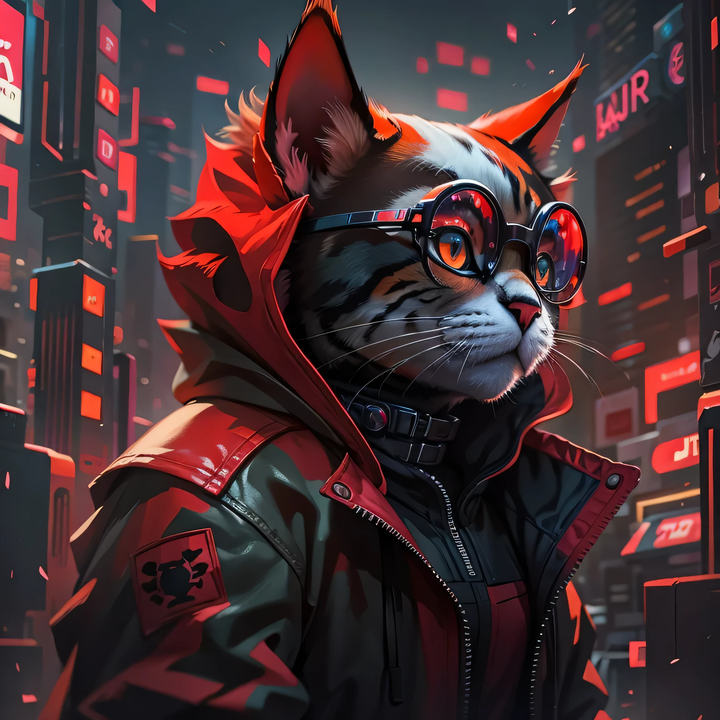 Hay un gato que lleva una chaqueta roja y gafas.., arte cyberpunk por Anton Fadeev, tendencia en CGsociety, Arte de la piel, gato ciberpunk, ojos rojos, ojos rojos, ojos rojos, gato cyborg, ojos rojos brillantes, ojos rojos, gato - como ojos escarlata, gato asesino, bright ojos rojos, Gato Diablo, fully ojos rojos, cybercat