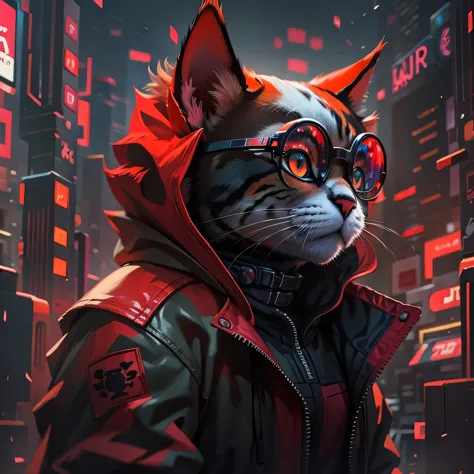 There is a cat wearing a red jacket and glasses., Cyberpunk art by Anton Fadeev, Trending on CGSociety, fur art, Cyberpunk Cat, ...
