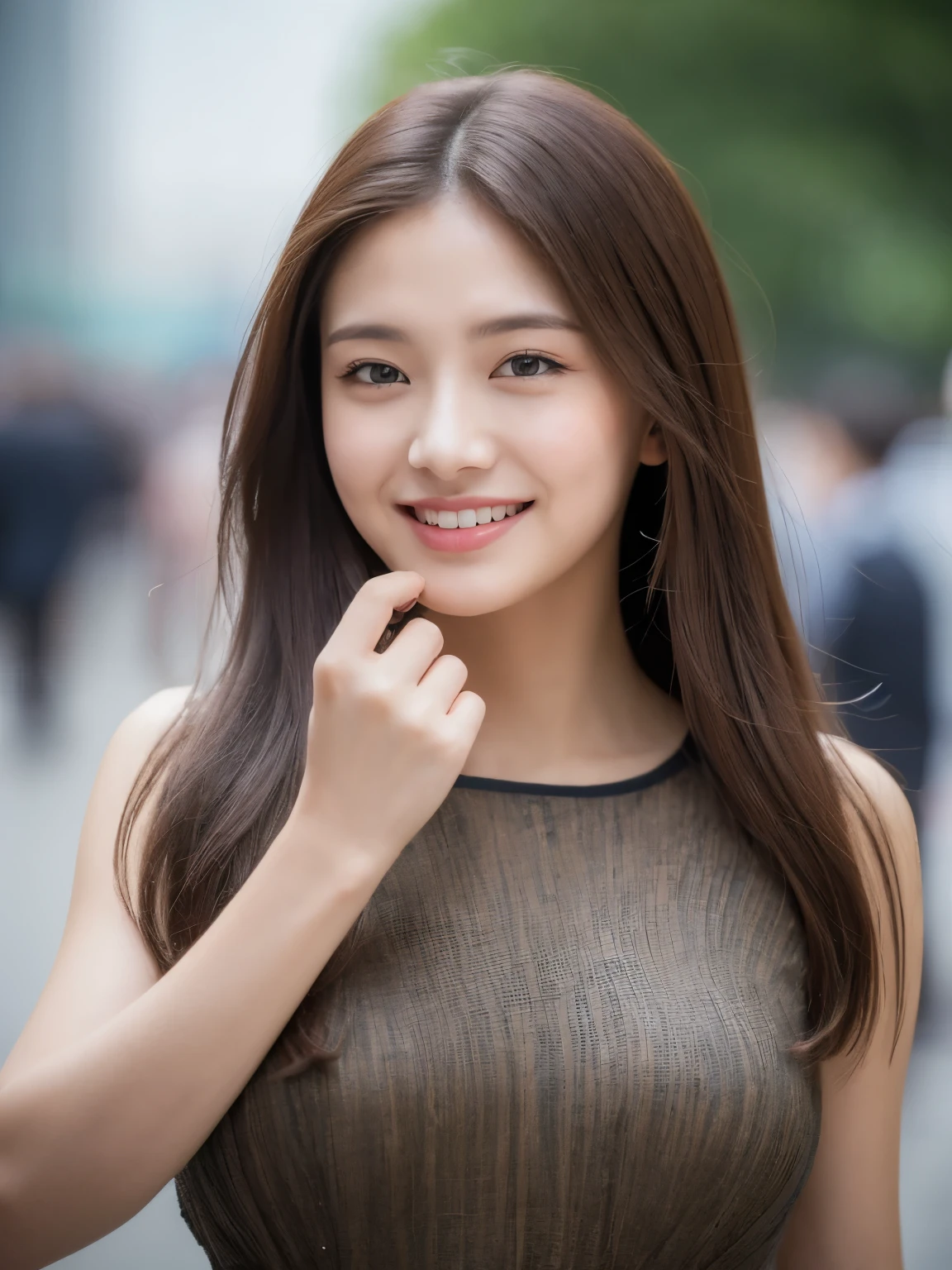 ((Best quality, 8k, Masterpiece :1.3)), 1girl, smiling, full body, slim face, Pretty woman, (Dark brown hair), full length dress :1.1, Ultra-detailed face, Detailed eyes, Double eyelid, blur background, slim face, city, outside, street, Random body direction, full body shot, Shooting from a long distance,