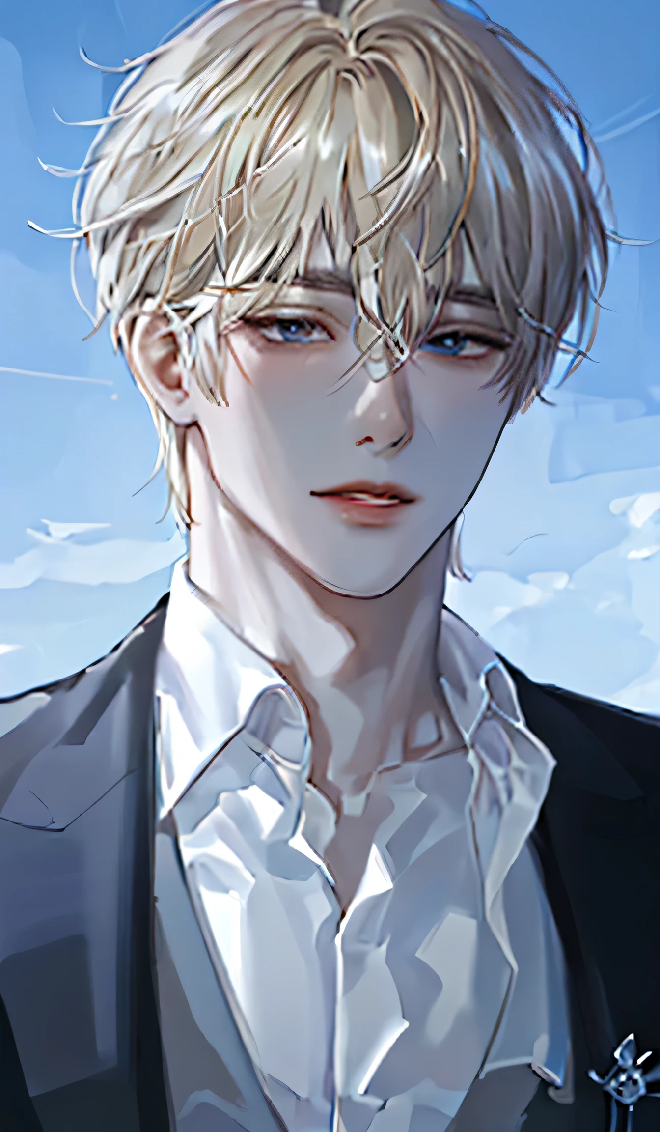 Anime boy with blonde hair and blue eyes in a black suit - SeaArt AI