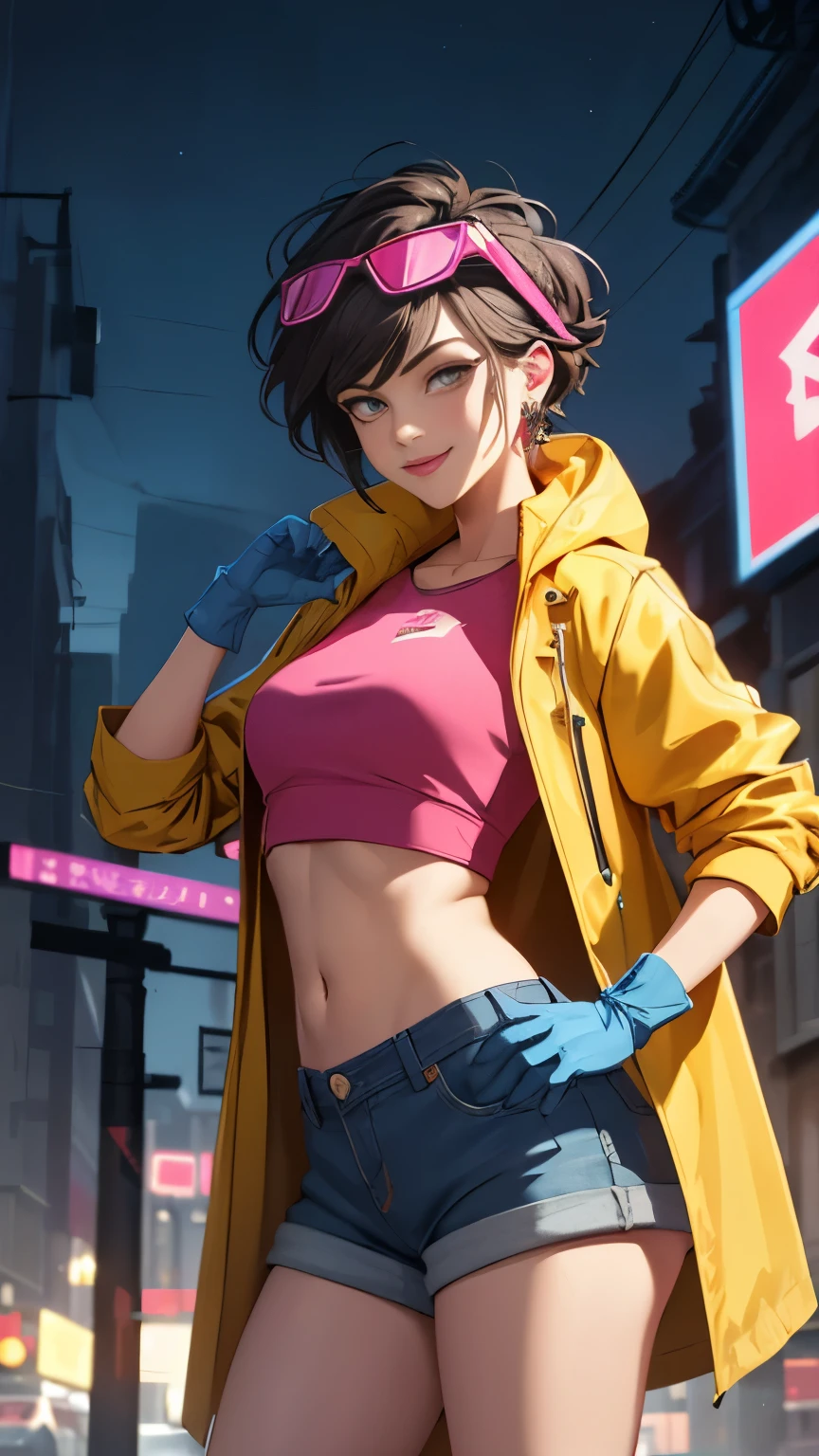 (Highly quality, masterpiece, detailed), night city detailed scenario, night city detailed background, solo, jubilee, pink crop top, raincoat, jean shorts, blue gloves, eyewear on head, smirk, navel, perfect face, beautiful eyes, looking at the viewer, Sexy pose