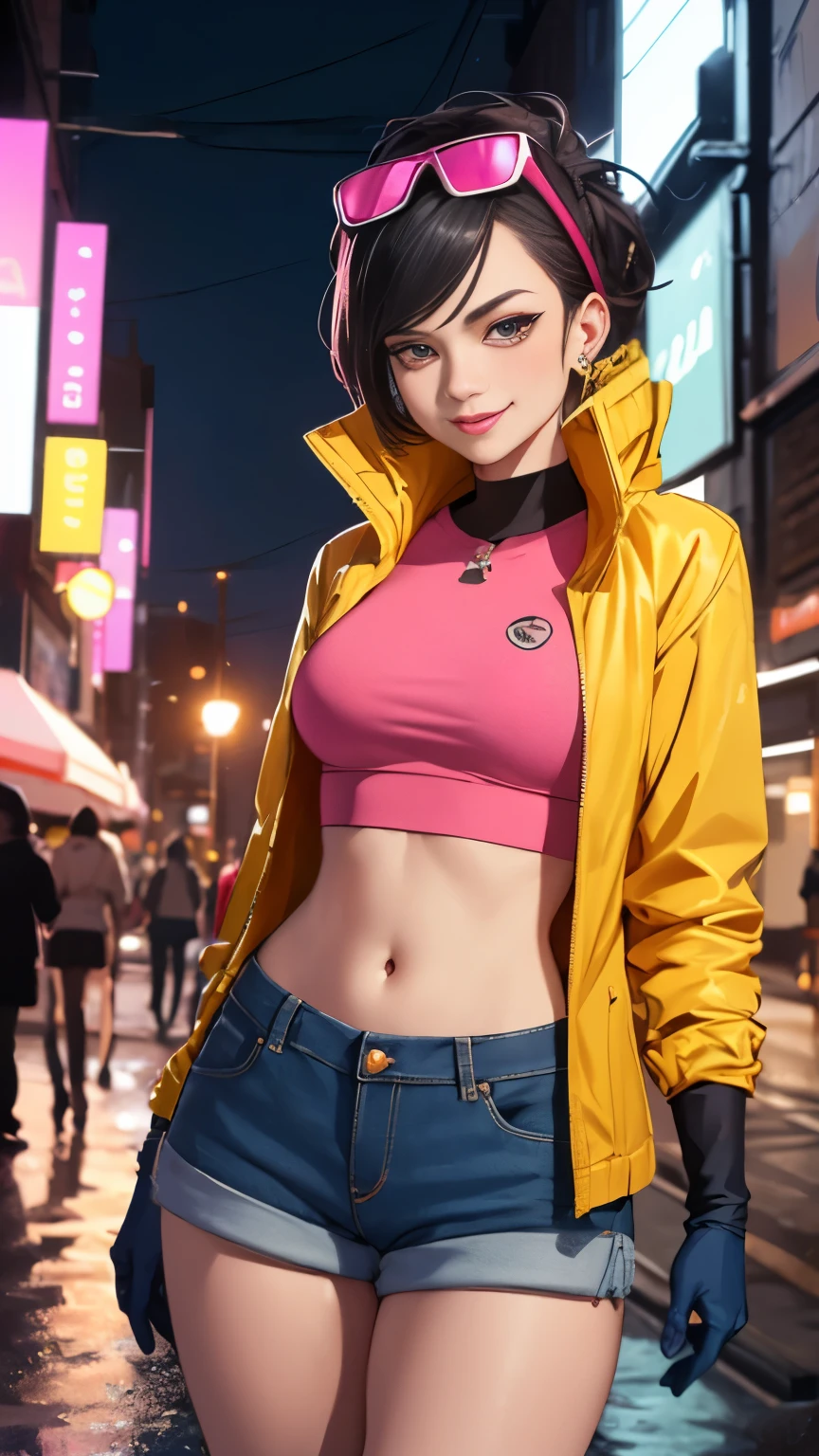 (Highly quality, masterpiece, detailed), night city detailed scenario, night city detailed background, solo, jubilee, pink crop top, raincoat, jean shorts, blue gloves, eyewear on head, smirk, navel, perfect face, beautiful eyes, looking at the viewer, Sexy pose