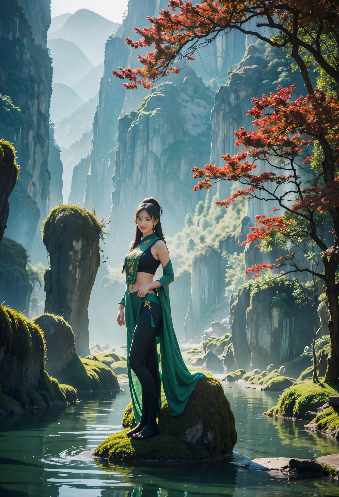 Photography of a lady standing before a massive jade screen adorned with a landscape carving, showcasing intricate details of mountains, rivers, and nature. The lady, is bishoujo_senshi_sailor_moon, realistic， jade leggings, solo，jade hair，ruby，Anatomically correct，jade suits，smile，beautiful. The contrast between the lady's presence and the elaborate jade artwork creates a striking composition that highlights the beauty of both the natural and artistic elements in the photograph