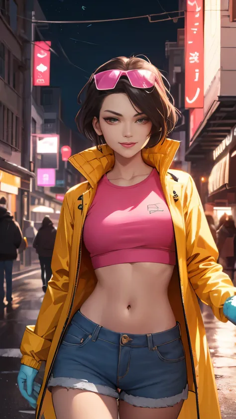 (Highly quality, masterpiece, detailed), night city detailed scenario, night city detailed background, solo, jubilee, pink crop ...