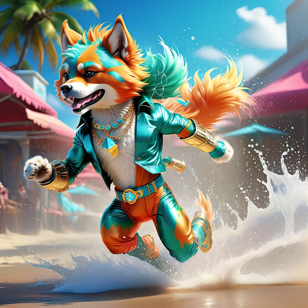 ilustraciones imaginativas，Representa un personaje peludo con temas tropicales.。Esta imagen antropomórfica se inspiró en el concepto de Flash Dog: colorido、espléndido，Y decorado con accesorios deslumbrantes.。Se destacan con un rostro expresivo.，Su lujoso pelaje brilla，Disfruta del calor del sol invisible。Su color es verde neón.、Verde azulado intenso con detalles en coral brillante，Encarnando la energía de un paraíso tropical。Pequeñas partículas de brillo están esparcidas por todo su pelaje..，Sugiriendo el brillo de la luz del sol reflejándose en las olas.。Sus patas sostienen suavemente un coco fresco.，Fortalecer aún más el tema tropical。