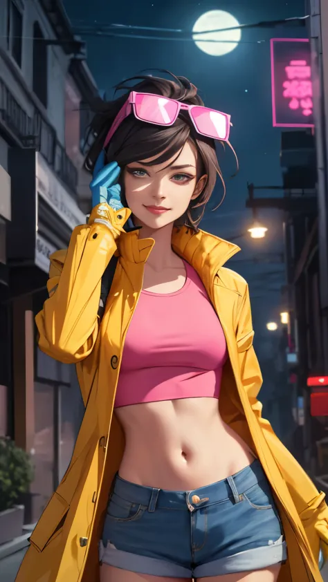 (highly quality, masterpiece, detailed), night city detailed scenario, night city detailed background, solo, jubilee, pink crop ...