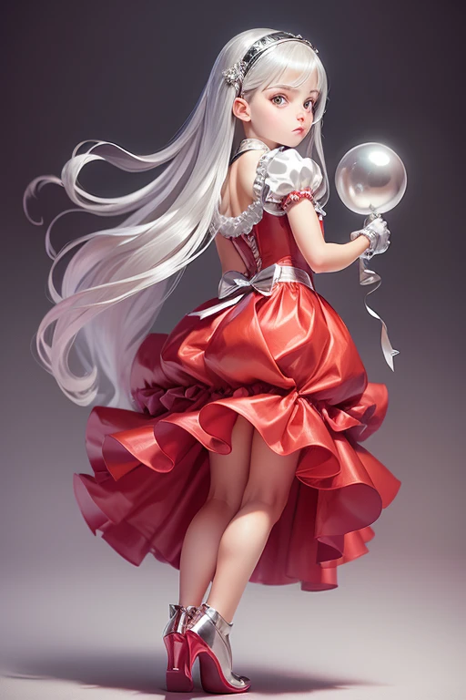 ((holding a silver ballon)), (((full body))), real photo, 10 years old girl, Brat female , ((looking back at me)), long glove, red dress shoes,