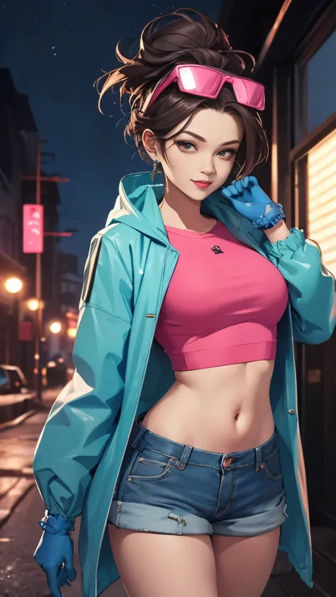 (Highly quality, masterpiece, detailed), night city detailed scenario, night city detailed background, solo, jubilee, pink crop ...