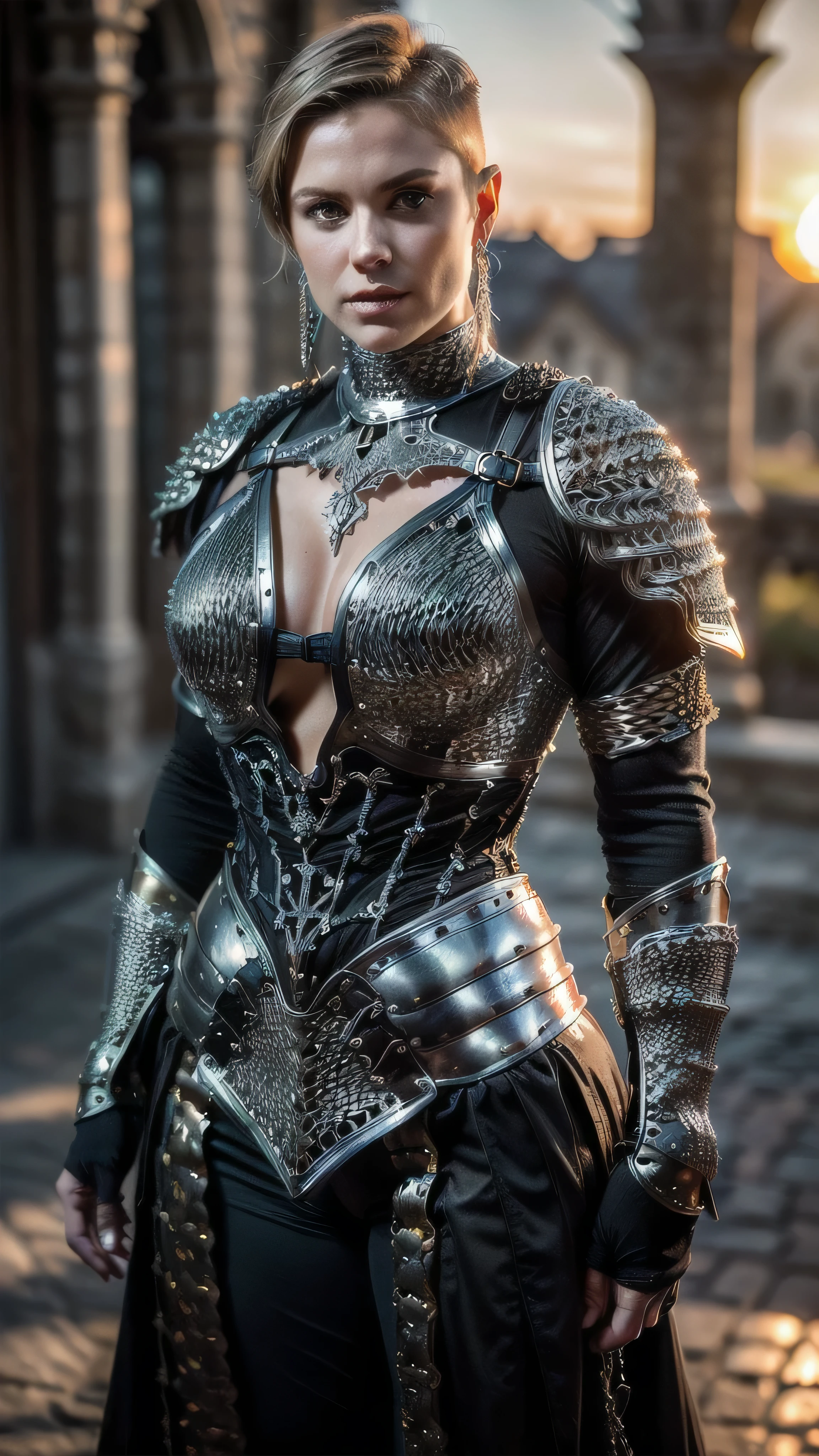 (masterpiece), (extremely intricate:1.3), (realistic), portrait of a muscular bodybuilder girl, ((((medieval armor:1.6 black gold filigree breastplate, perfectchainmail)), wind blown blowing [blonde hair:dark hair:0.6], [flat chest:large breasts:0.6], from below), tattoo:1.0), metal reflections, upper body, outdoors, intense sunlight, far away castle, professional photograph of a stunning woman detailed, (((short undercut shaved hair, dynamic pose))), sharp focus, dramatic, award winning, cinematic lighting, volumetrics dtx, (film grain, blurry background, blurry foreground, bokeh, depth of field, sunset, interaction, blackiron Perfectchainmail ribbons), 8K