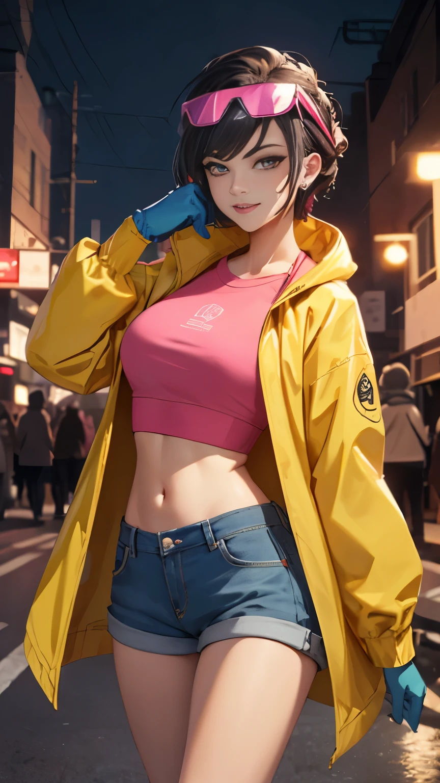 (Highly quality, masterpiece, detailed), night city detailed scenario, night city detailed background, solo, jubilee, pink crop top, raincoat, jean shorts, blue gloves, eyewear on head, smirk, navel, perfect face, beautiful eyes, looking at the viewer, Sexy pose