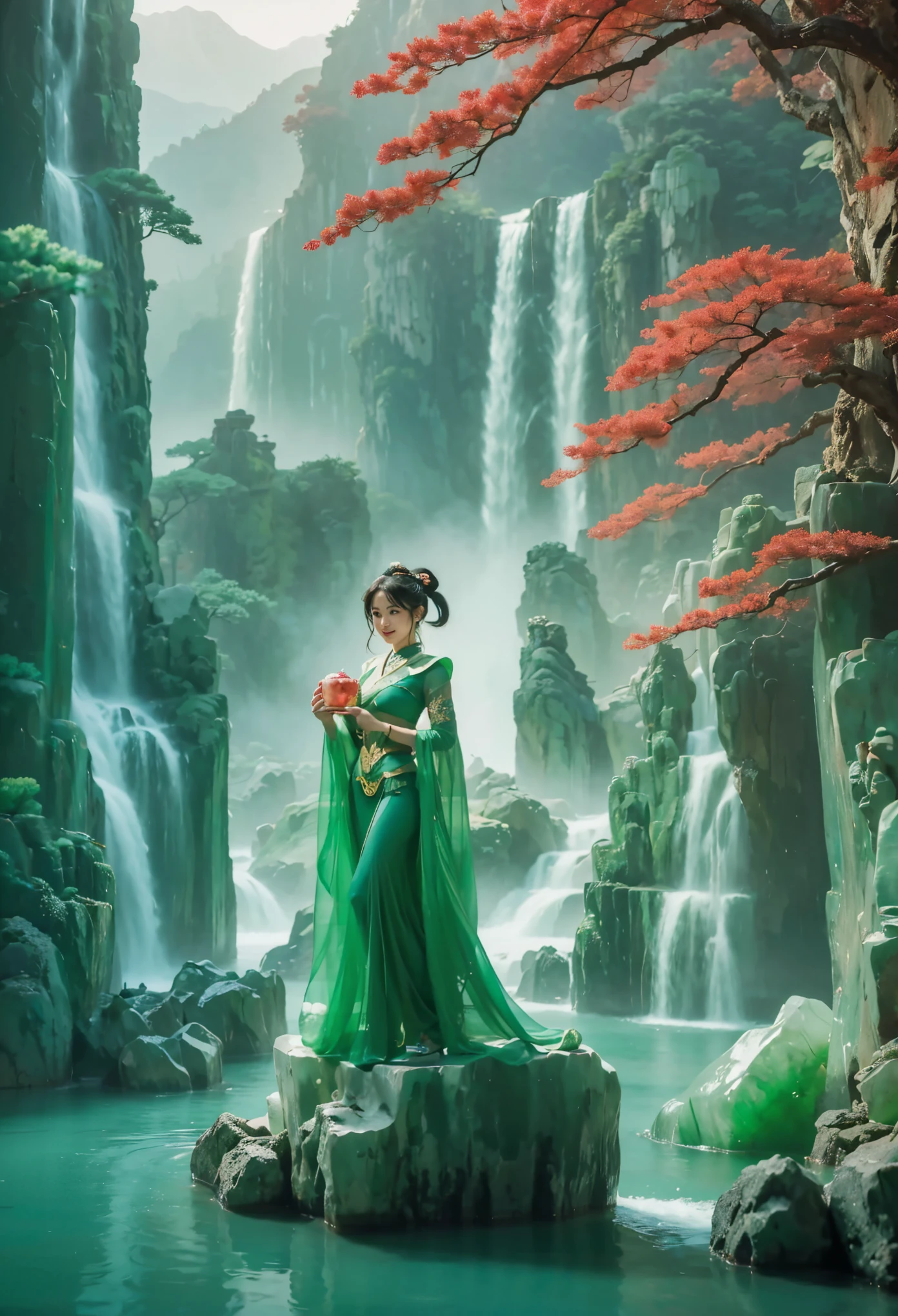 Photography of a lady standing before a massive jade screen adorned with a landscape carving, showcasing intricate details of mountains, rivers, and nature. The lady, is bishoujo_senshi_sailor_moon, realistic， jade leggings, solo，jade hair，ruby，Anatomically correct，jade suits，smile，beautiful. The contrast between the lady's presence and the elaborate jade artwork creates a striking composition that highlights the beauty of both the natural and artistic elements in the photograph