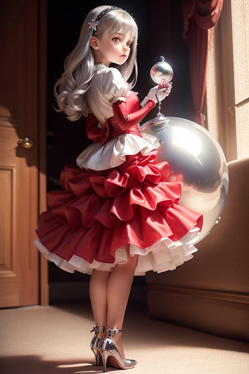 ((holding a silver ballon)), (((full body))), real photo, 10 years old girl, Brat female , drawers, ((looking back at me)), long glove, red dress shoes,