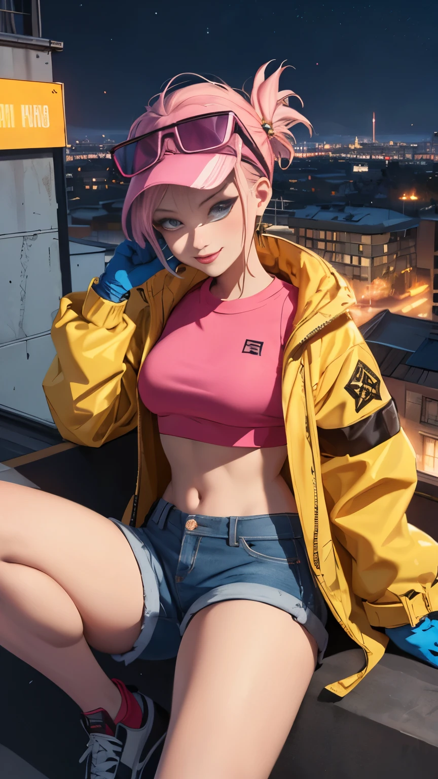 (hohe Qualität, Meisterwerk, ausführlich), night city ausführlich scenario, night city ausführlich background, Allein, Jubiläum, rosa Crop Top, Regenjacke, kurze Jeans, blaue Handschuhe, Brille auf dem Kopf, Grinsen, auf dem Dach eines Gebäudes sitzen, Nabel, perfektes Gesicht, wunderschöne Augen, den Betrachter anschauen, sexy Pose