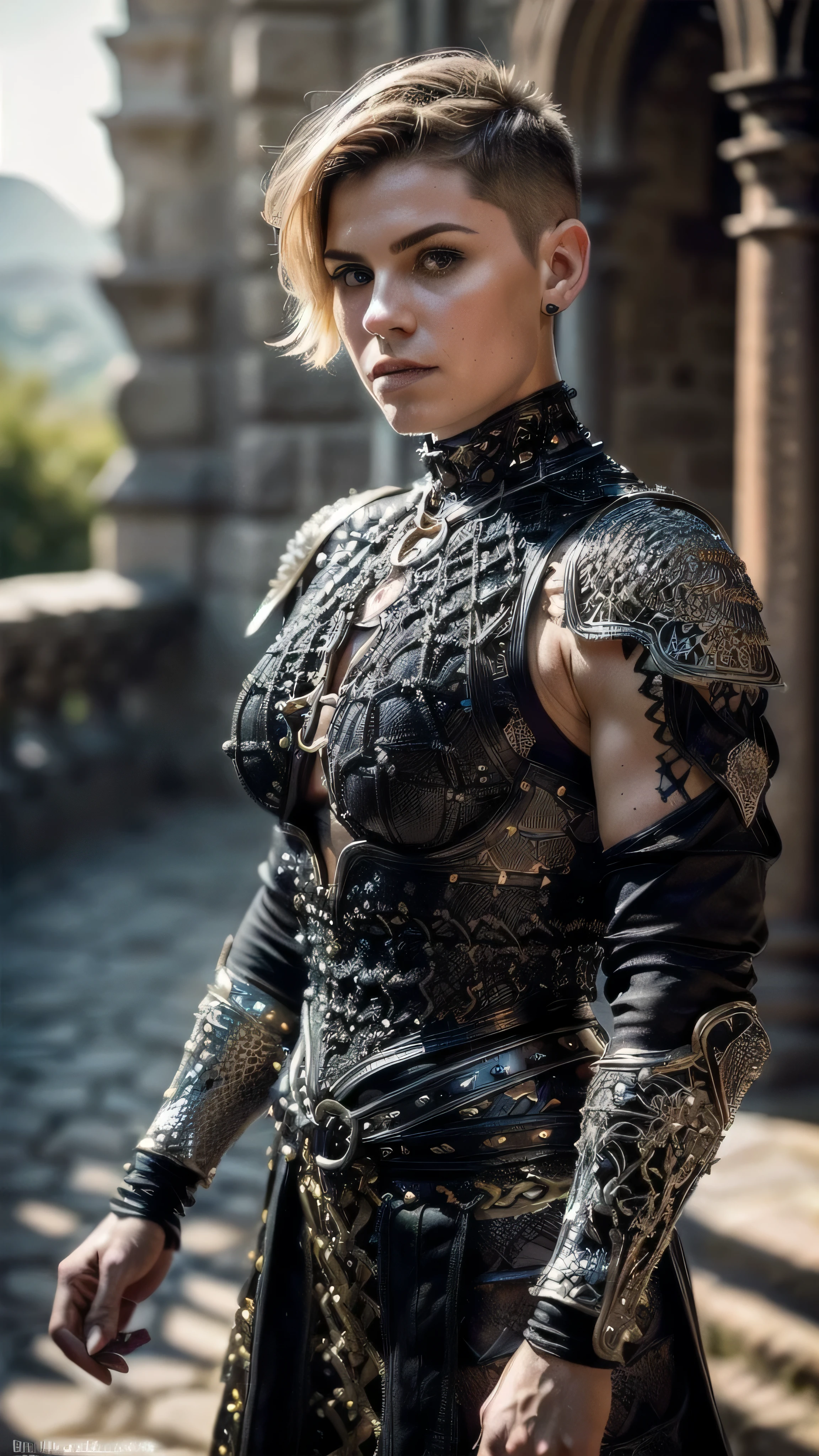 (masterpiece), (extremely intricate:1.3), (realistic), portrait of a muscular bodybuilder girl, (((medieval armor:1.6 (black gold filigree) breastplate, perfectchainmail), wind blown blowing [blonde hair:dark hair:0.6], [flat chest:large breasts:0.8]), from below), tattoo:1.0), metal reflections, upper body, outdoors, intense sunlight, far away castle, professional photograph of a stunning woman detailed, (((short undercut shaved hair, dynamic pose))), sharp focus, dramatic, award winning, cinematic lighting, volumetrics dtx, (film grain, blurry background, blurry foreground, bokeh, depth of field, sunset, interaction, blackiron Perfectchainmail ribbons), 8K