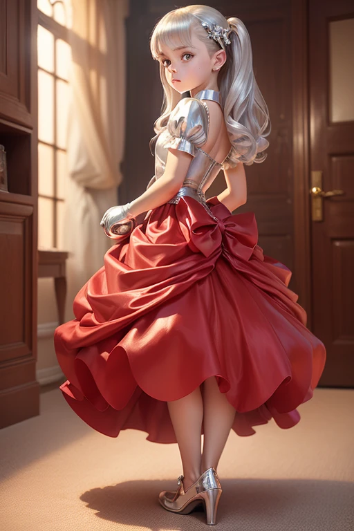 ((holding a silver ballon)), (((full body))), real photo, 10 years old girl, Brat female , drawers, ((looking back at me)), long glove, red dress shoes,