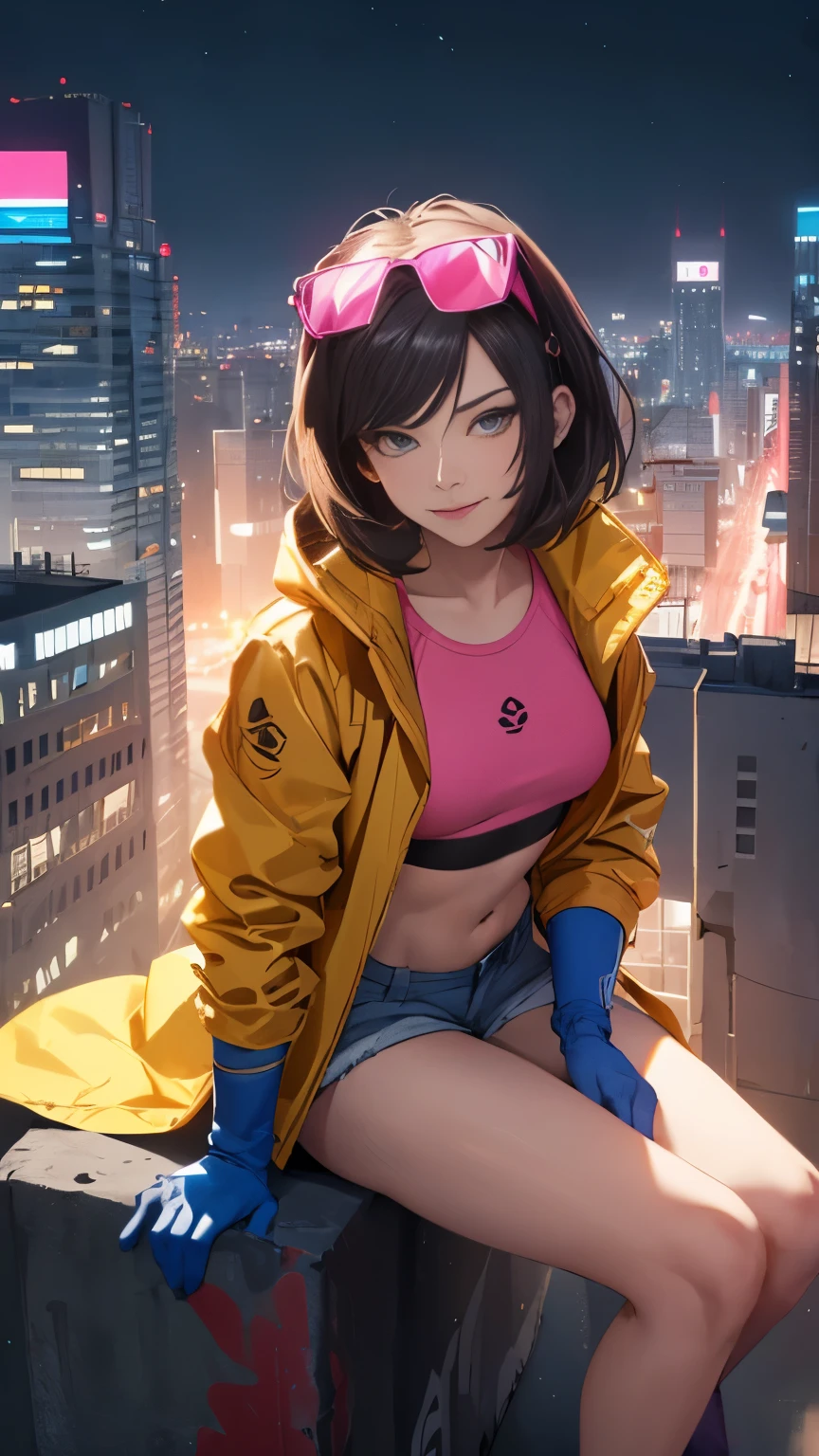 (hohe Qualität, Meisterwerk, ausführlich), night city ausführlich scenario, night city ausführlich background, Allein, Jubiläum, rosa Crop Top, Regenjacke, kurze Jeans, blaue Handschuhe, Brille auf dem Kopf, Grinsen, auf dem Dach eines Gebäudes sitzen, Nabel, perfektes Gesicht, wunderschöne Augen, den Betrachter anschauen, sexy Pose