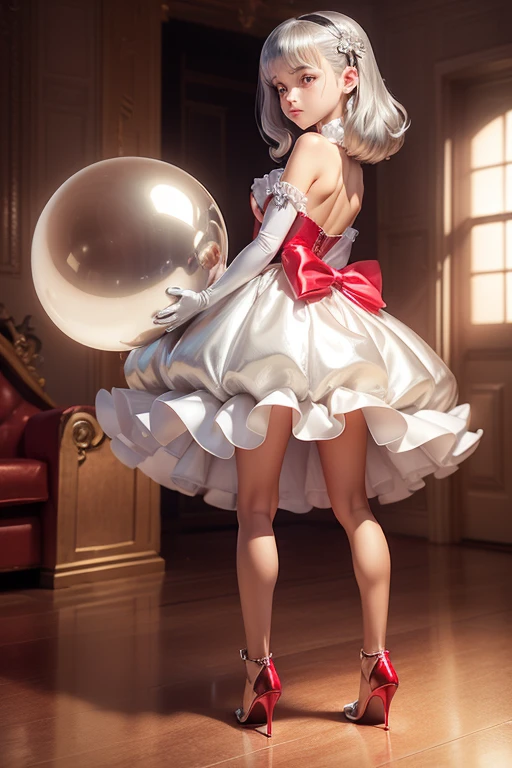 ((holding a silver ballon)), (((full body))), real photo, 10 years old girl, Brat female , drawers, ((looking back at me)), long glove, red dress shoes,