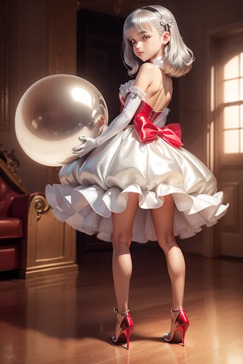 ((holding a silver ballon)), (((full body))), real photo, 10 years old girl, Brat female , drawers, ((looking back at me)), long...