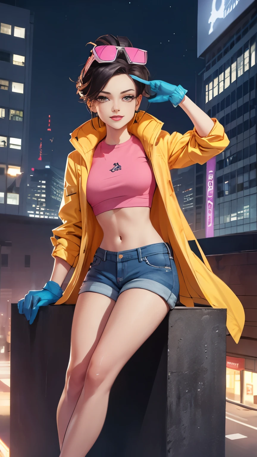 (Highly quality, masterpiece, detailed), night city detailed scenario, night city detailed background, solo, jubilee, pink crop top, raincoat, jean shorts, blue gloves, eyewear on head, smirk, sitting on top of a building, navel, perfect face, beautiful eyes, looking at the viewer, Sexy pose