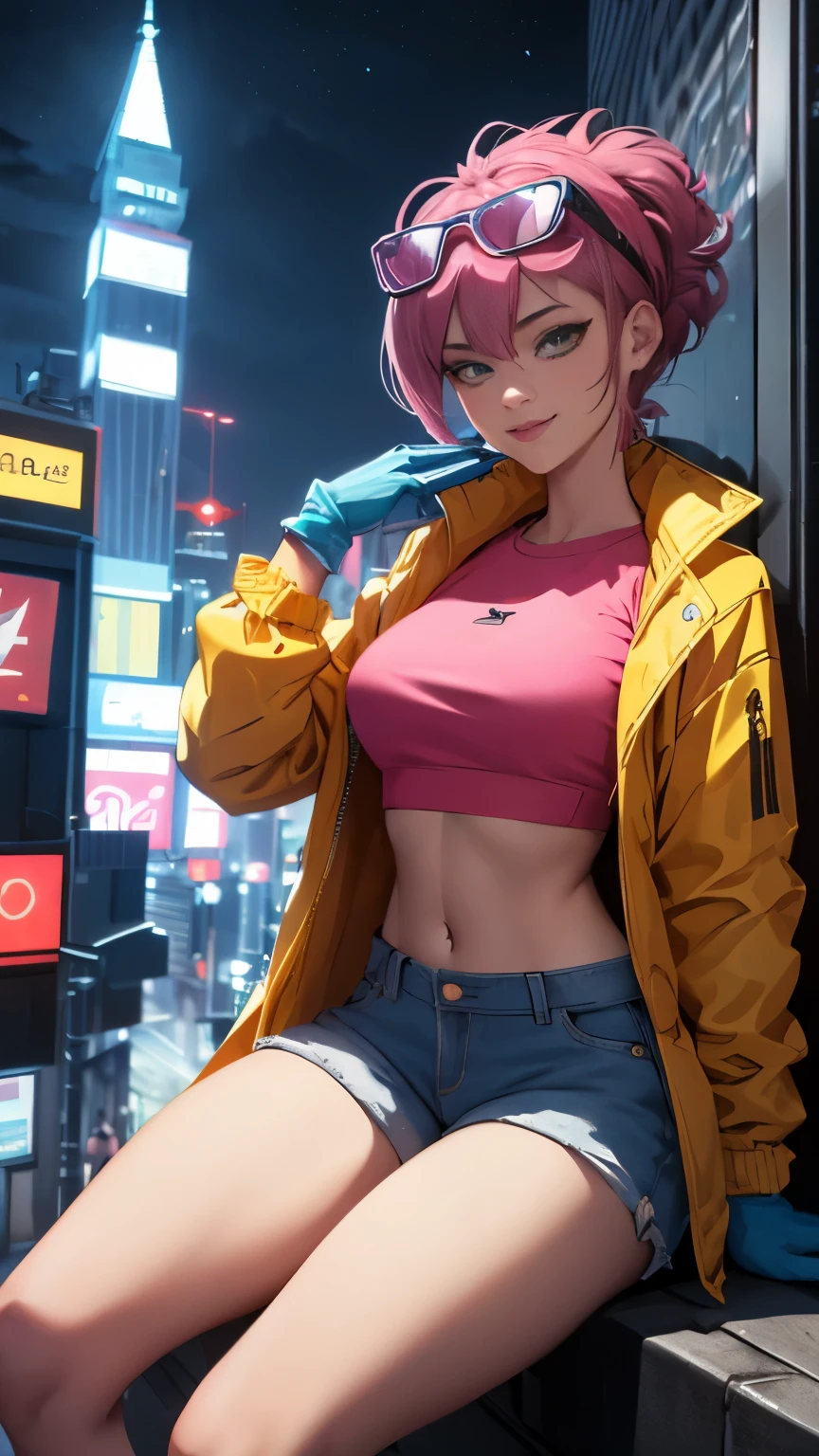 (hohe Qualität, Meisterwerk, ausführlich), night city ausführlich scenario, night city ausführlich background, Allein, Jubiläum, rosa Crop Top, Regenjacke, kurze Jeans, blaue Handschuhe, Brille auf dem Kopf, Grinsen, auf dem Dach eines Gebäudes sitzen, Nabel, perfektes Gesicht, wunderschöne Augen, den Betrachter anschauen, sexy Pose