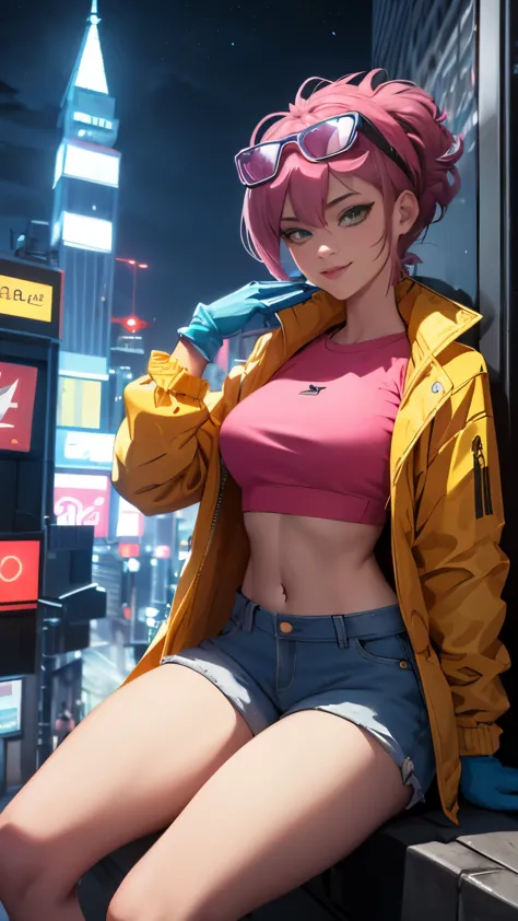 (Highly quality, masterpiece, detailed), night city detailed scenario, night city detailed background, solo, jubilee, pink crop ...