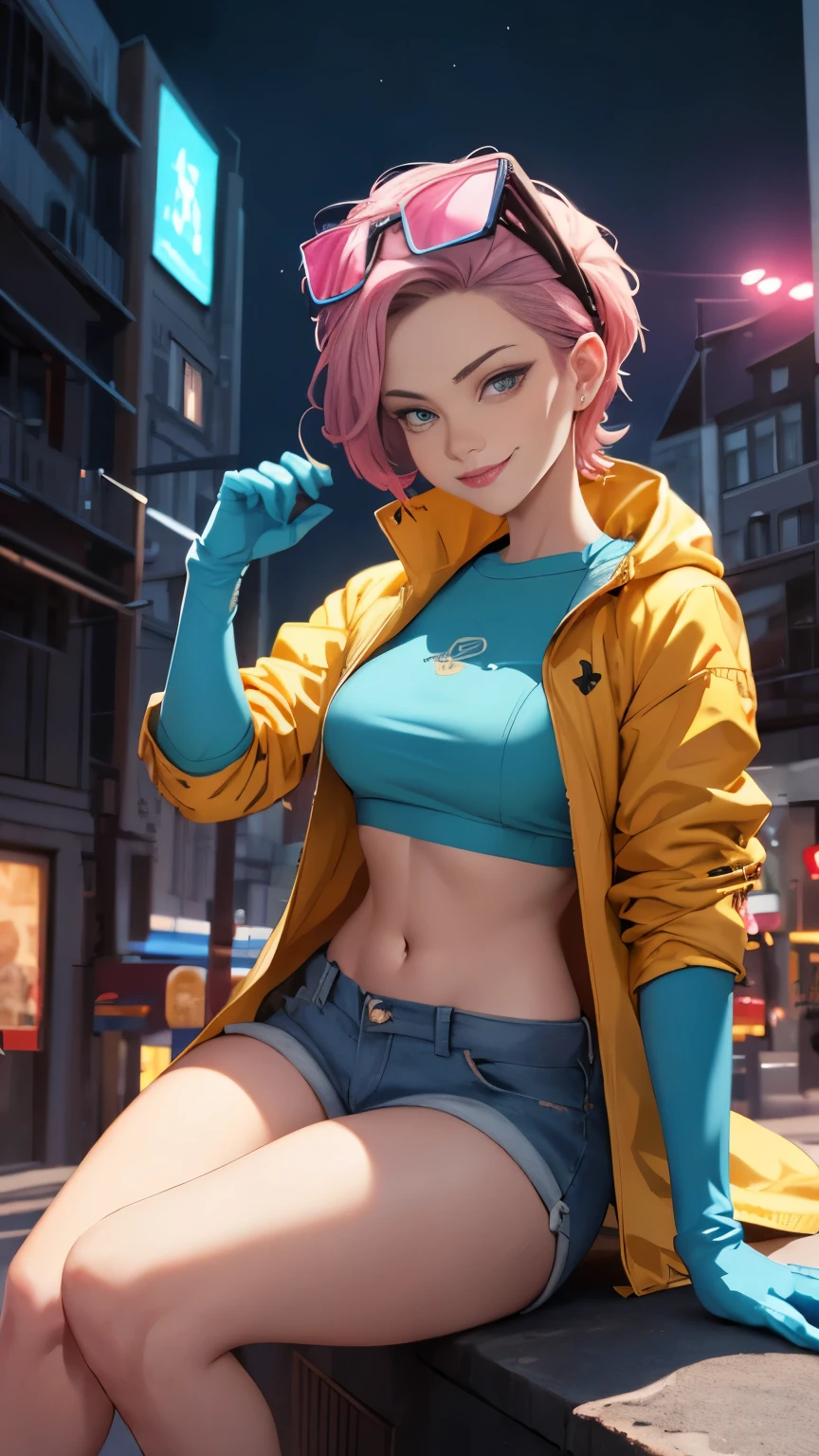 (Highly quality, masterpiece, detailed), night city detailed scenario, night city detailed background, solo, jubilee, pink crop top, raincoat, jean shorts, blue gloves, eyewear on head, smirk, sitting on top of a building, navel, perfect face, beautiful eyes, looking at the viewer, Sexy pose