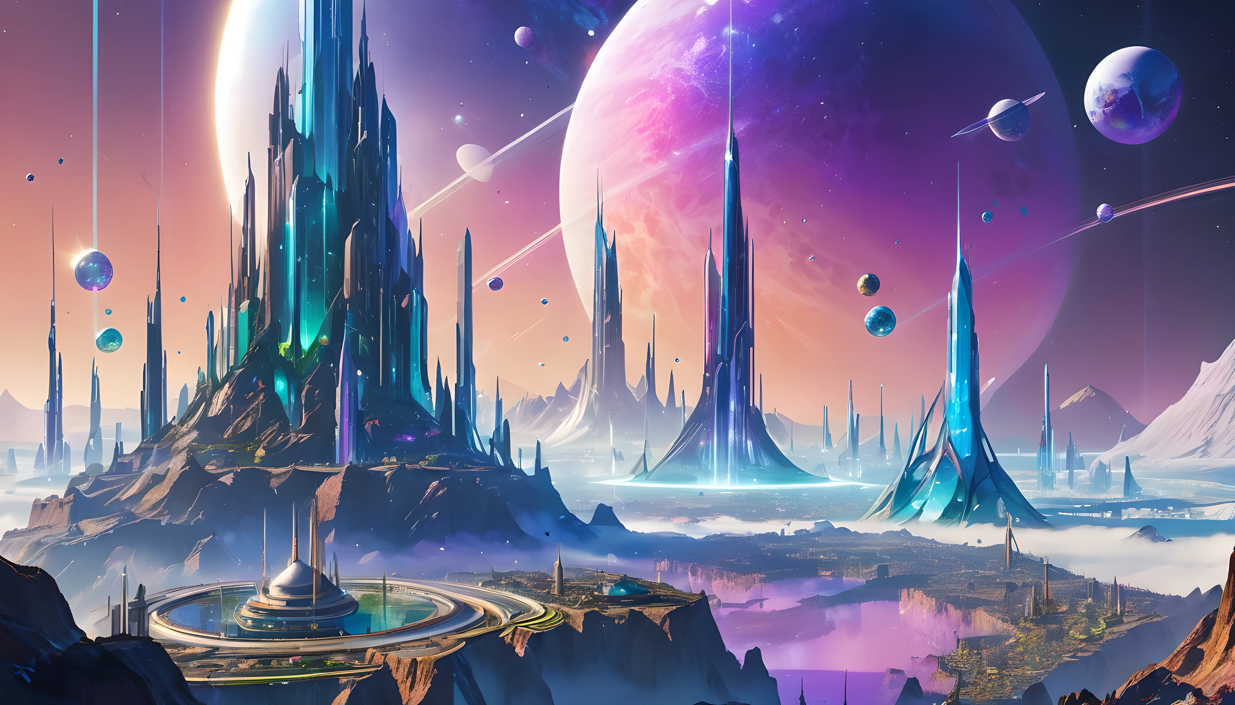 The most beautiful city, A universe made of mineral DF crystals, In the future world of BRILLIUM,8k,Ore Tower , colorful, planets in sky