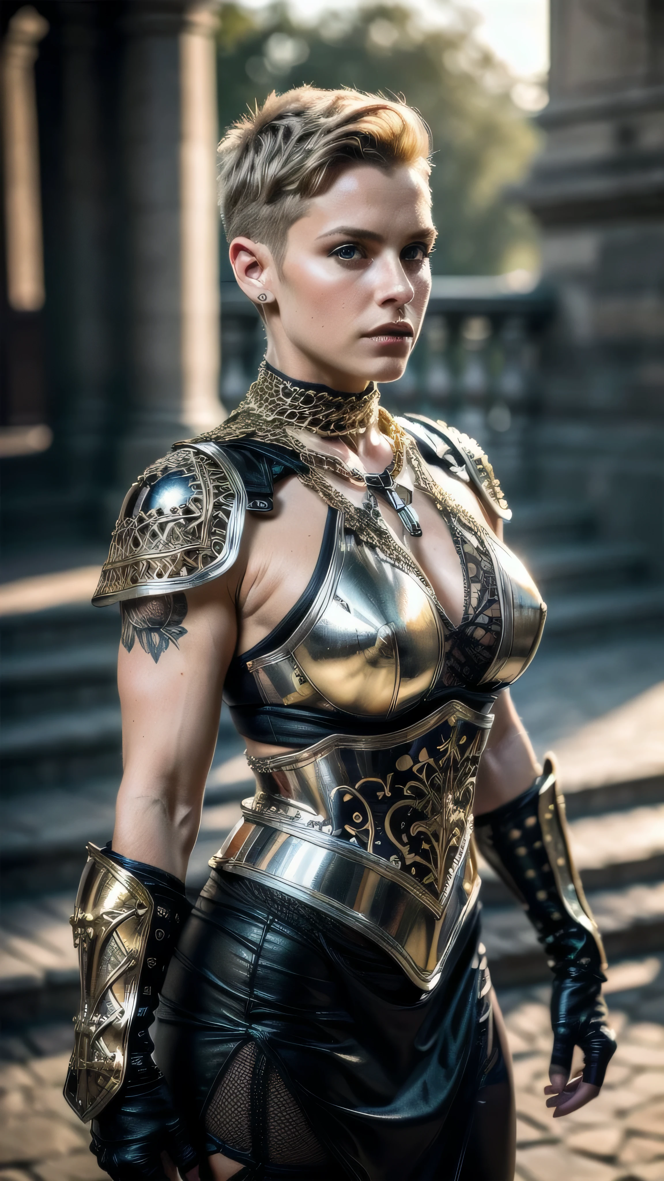 (masterpiece), (extremely intricate:1.3), (realistic), portrait of a muscular bodybuilder girl, (((medieval armor:1.6 (lacquered blackchrome gold filigree breastplate, perfectchainmail), wind blown blowing [blonde hair:dark hair:0.6], [flat chest:large breasts:0.3]), from below), tattoo:1.0), metal reflections, upper body, outdoors, intense sunlight, far away castle, professional photograph of a stunning woman detailed, ((short undercut shaved hair, dynamic pose)), sharp focus, dramatic, award winning, cinematic lighting, volumetrics dtx, (film grain, blurry background, blurry foreground, bokeh, depth of field, sunset, interaction), 8K