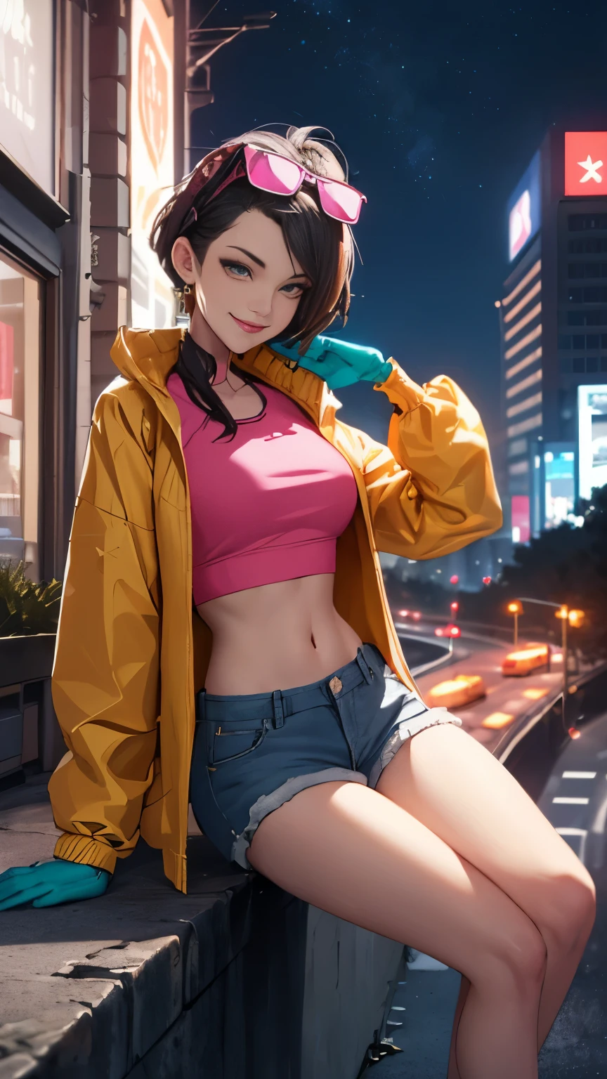 (Highly quality, masterpiece, detailed), night city detailed scenario, night city detailed background, solo, jubilee, pink crop top, raincoat, jean shorts, blue gloves, eyewear on head, smirk, sitting on top of a building, navel, perfect face, beautiful eyes, looking at the viewer, Sexy pose