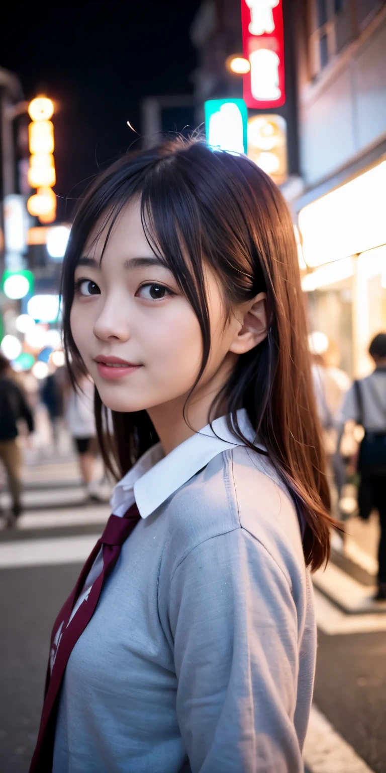 1 Girl, Tokyo Street,night, Streetscape,City lights,Upper Body,close,smile,, (8K, Raw photo, highest quality, masterpiece:1.2),(Realistic, photo-Realistic:1.37),