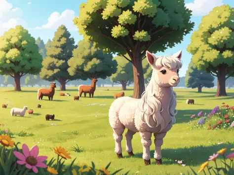 Colorful, vibrant alpaca grazing peacefully in a lush green meadow, surrounded by blooming wildflowers and tall, swaying grass. ...