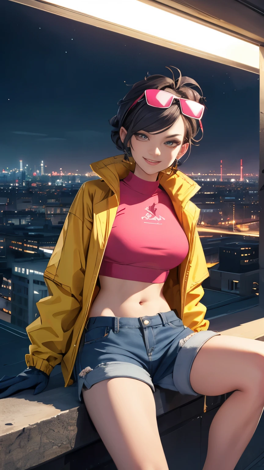 (hohe Qualität, Meisterwerk, ausführlich), night city ausführlich scenario, night city ausführlich background, Allein, Jubiläum, rosa Crop Top, Regenjacke, kurze Jeans, blaue Handschuhe, Brille auf dem Kopf, Grinsen, auf dem Dach eines Gebäudes sitzen, Nabel, perfektes Gesicht, wunderschöne Augen, den Betrachter anschauen, sexy Pose