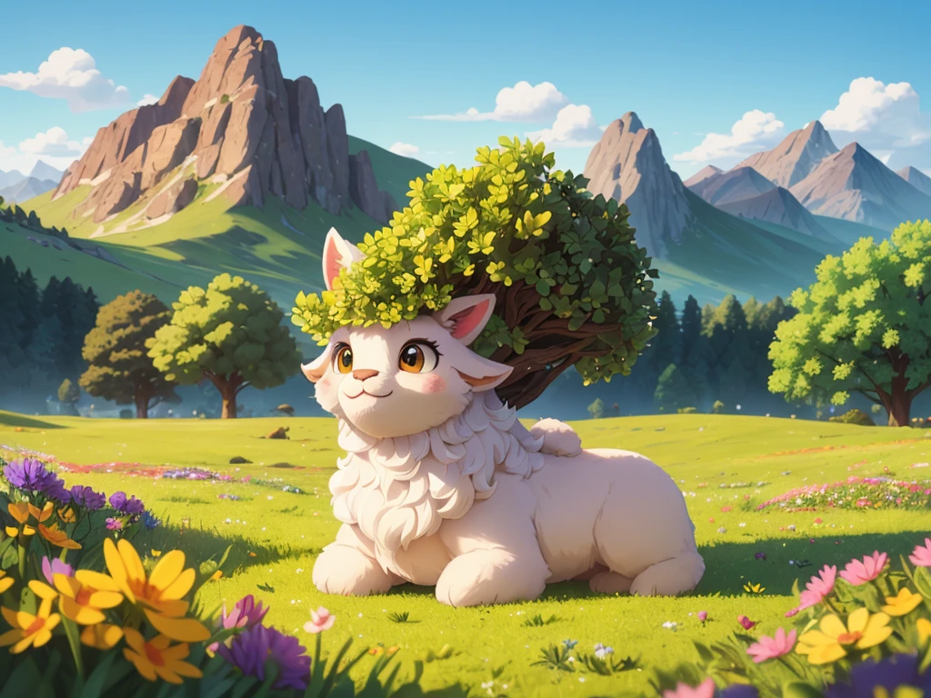 a fluffy alpaca with soft, curly fur, big expressive eyes, and a gentle smile,in a vibrant green meadow, surrounded by colorful wildflowers, basking in the warm sunlight, with a majestic mountain range in the background. (best quality,ultra-detailed,realistic:1.37),gorgeous portrait,soft pastel colors,natural lighting,surreal scenery