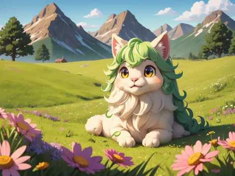 a fluffy alpaca with soft, curly fur, big expressive eyes, and a gentle smile,in a vibrant green meadow, surrounded by colorful ...