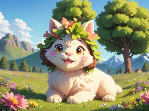 a fluffy alpaca with soft, curly fur, big expressive eyes, and a gentle smile,in a vibrant green meadow, surrounded by colorful ...