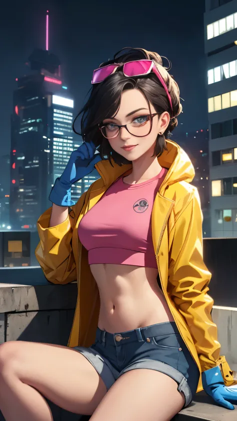 (Highly quality, masterpiece, detailed), night city detailed scenario, night city detailed background, solo, jubilee, pink crop ...