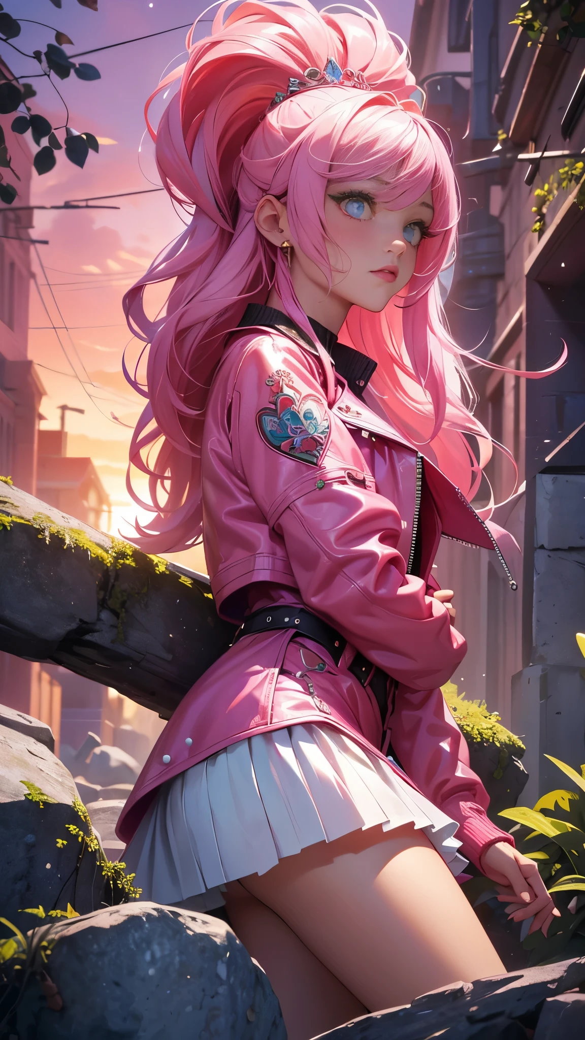 Pink，Vibrant colors，（masterpiece），（（（Top quality））），（（（Super detailed information）），（Surreal），（Highly detailed CG illustrations），Official Official Art，midsummer，Fashion， Honor, 1980, brutal beauty, gorgeous, gorgeous colorful hair, rock music, rock music, leather jackets, mini skirts, the only perfect angle of women, perfect composition, perfect composition,