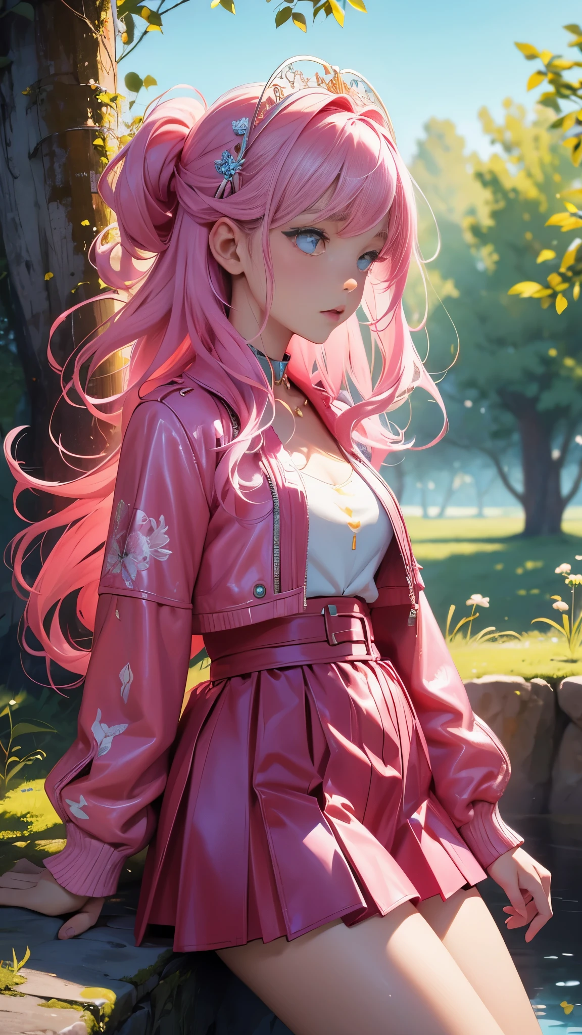 Pink，Vibrant colors，（masterpiece），（（（Top quality））），（（（Super detailed information）），（Surreal），（Highly detailed CG illustrations），Official Official Art，midsummer，Fashion， Honor, 1980, brutal beauty, gorgeous, gorgeous colorful hair, rock music, rock music, leather jackets, mini skirts, the only perfect angle of women, perfect composition, perfect composition,