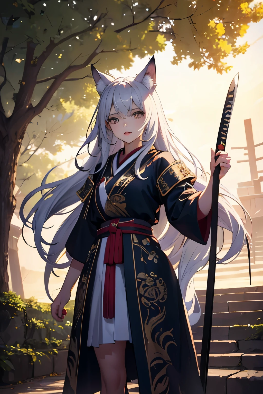 A wolf girl, age 20, wolf girl, standing, looking to the viewer , sandals ,samurai captain,beautiful detailed eyes,beautiful detailed lips,extremely detailed eyes and face,longeyelashes,(best quality,4k,8k,highres,masterpiece:1.2),ultra-detailed, extreme detail description,professional, bokeh,portraits, anime,sci-fi,photography,concept artists,colorful palette,gentle sunlight, fullbody shot, holding a katana 