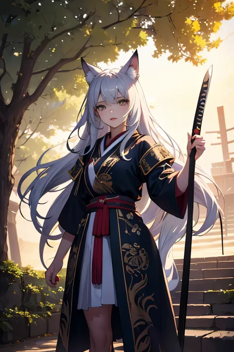 A wolf girl, age 20, wolf girl, standing, looking to the viewer , sandals ,samurai captain,beautiful detailed eyes,beautiful det...